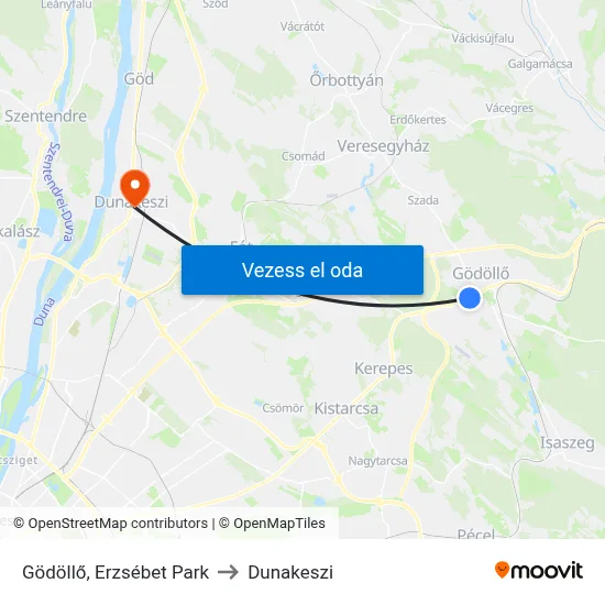 Gödöllő, Erzsébet Park to Dunakeszi map