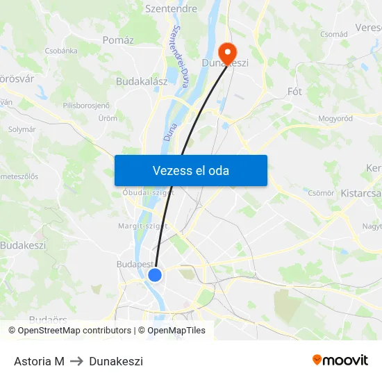 Astoria M to Dunakeszi map