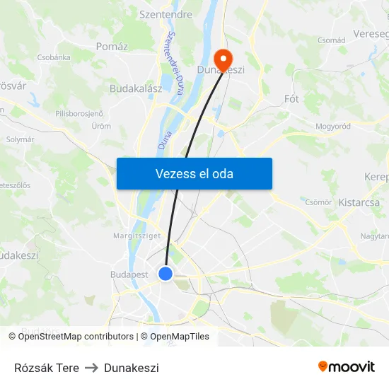 Rózsák Tere to Dunakeszi map