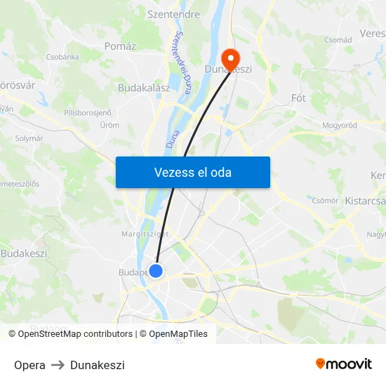 Opera to Dunakeszi map