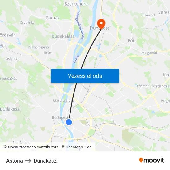 Astoria to Dunakeszi map