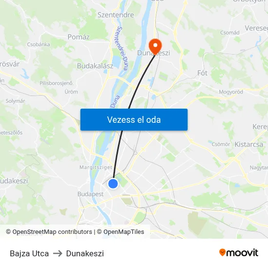 Bajza Utca to Dunakeszi map