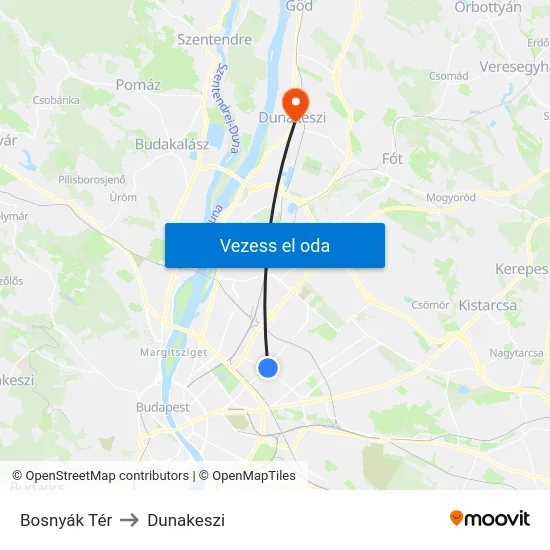Bosnyák Tér to Dunakeszi map