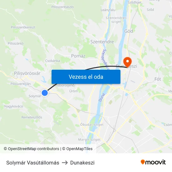 Solymár Vasútállomás to Dunakeszi map