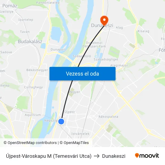 Újpest-Városkapu M (Temesvári Utca) to Dunakeszi map