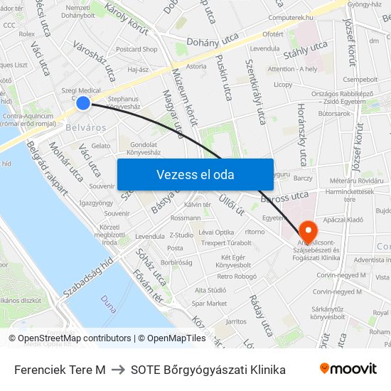 Ferenciek Tere M to SOTE Bőrgyógyászati Klinika map