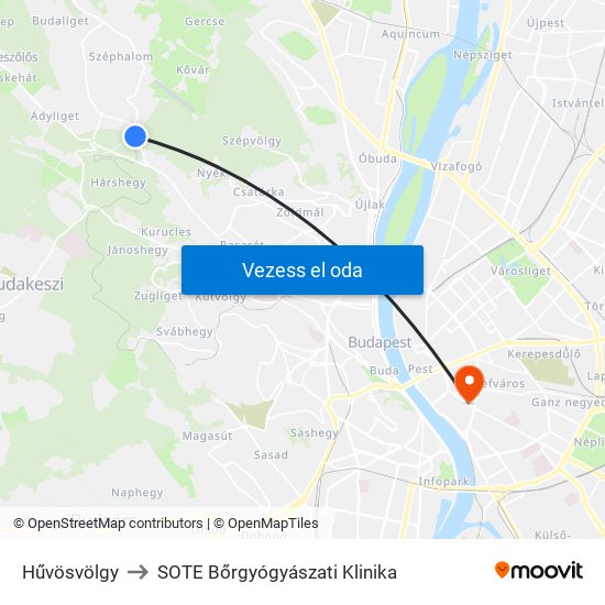 Hűvösvölgy to SOTE Bőrgyógyászati Klinika map