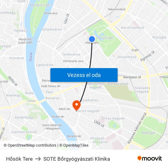 Hősök Tere to SOTE Bőrgyógyászati Klinika map