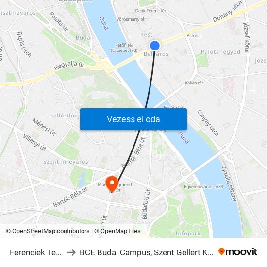 Ferenciek Tere M to BCE Budai Campus, Szent Gellért Kollégium map