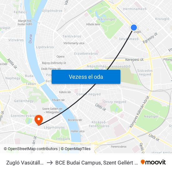 Zugló Vasútállomás to BCE Budai Campus, Szent Gellért Kollégium map