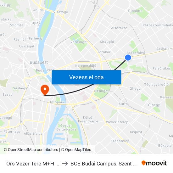 Örs Vezér Tere M+H (Kerepesi Út) to BCE Budai Campus, Szent Gellért Kollégium map