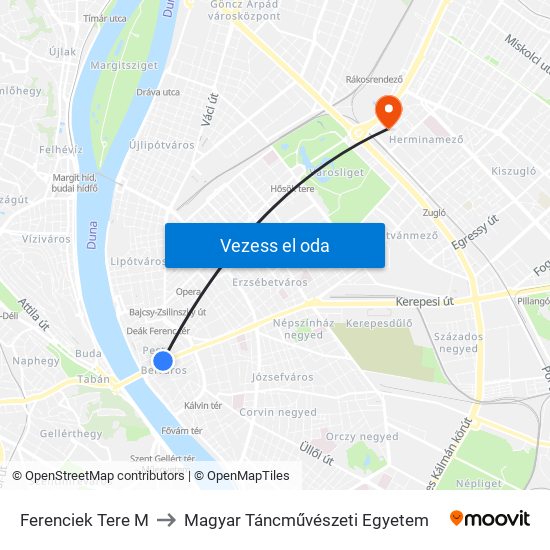 Ferenciek Tere M to Magyar Táncművészeti Egyetem map