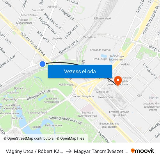 Vágány Utca / Róbert Károly Körút to Magyar Táncművészeti Egyetem map