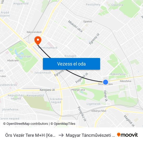 Örs Vezér Tere M+H (Kerepesi Út) to Magyar Táncművészeti Egyetem map