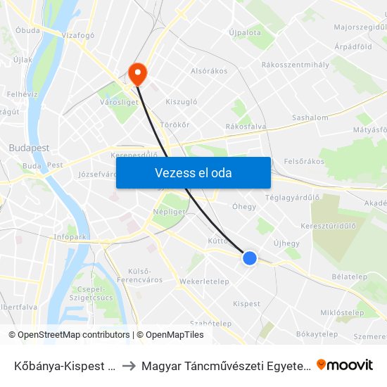 Kőbánya-Kispest M to Magyar Táncművészeti Egyetem map