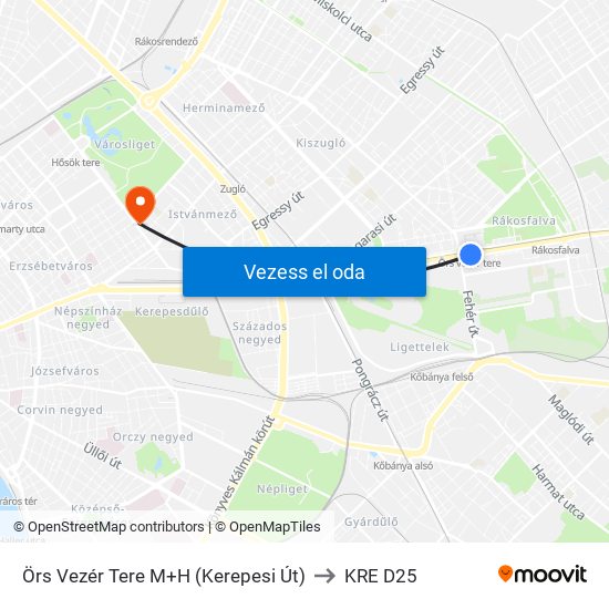 Örs Vezér Tere M+H (Kerepesi Út) to KRE D25 map