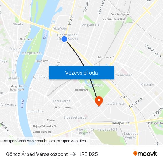 Göncz Árpád Városközpont to KRE D25 map