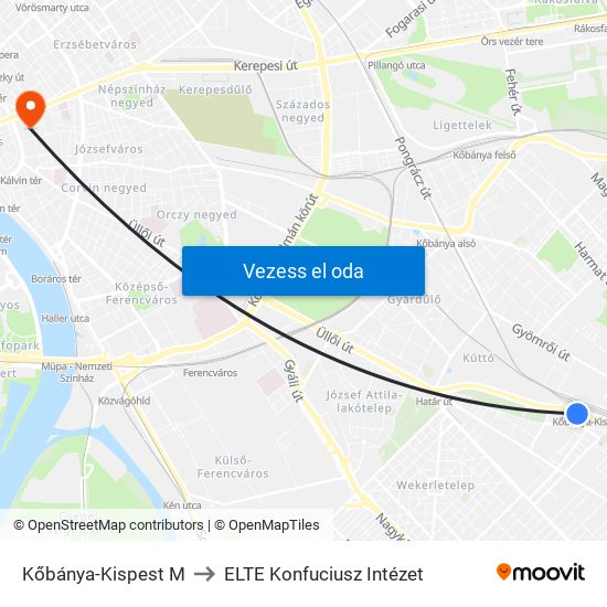 Kőbánya-Kispest M to ELTE Konfuciusz Intézet map