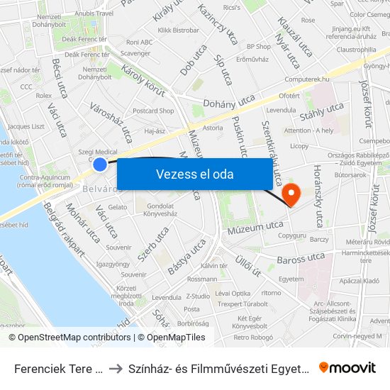 Ferenciek Tere M to Színház- és Filmművészeti Egyetem map