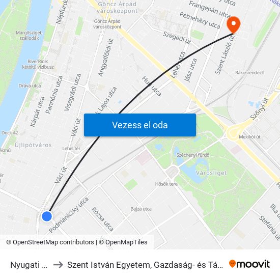 Nyugati Pályaudvar M to Szent István Egyetem, Gazdaság- és Társadalomtudományi Kar, Budapesti Képzési Hely map