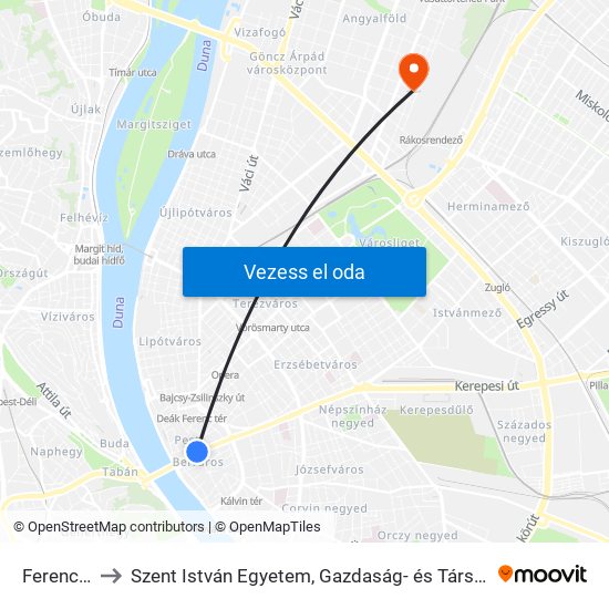 Ferenciek Tere M to Szent István Egyetem, Gazdaság- és Társadalomtudományi Kar, Budapesti Képzési Hely map