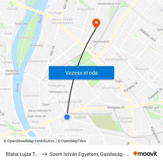 Blaha Lujza Tér M (Népszínház Utca) to Szent István Egyetem, Gazdaság- és Társadalomtudományi Kar, Budapesti Képzési Hely map