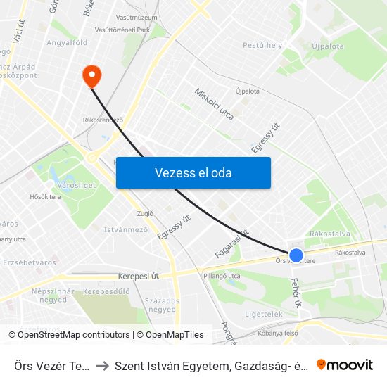 Örs Vezér Tere M+H (Kerepesi Út) to Szent István Egyetem, Gazdaság- és Társadalomtudományi Kar, Budapesti Képzési Hely map