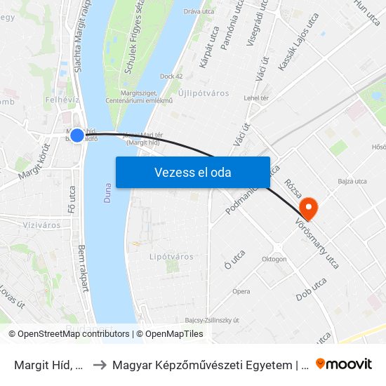 Margit Híd, Budai Hídfő H to Magyar Képzőművészeti Egyetem | Hungarian University of Fine Arts map
