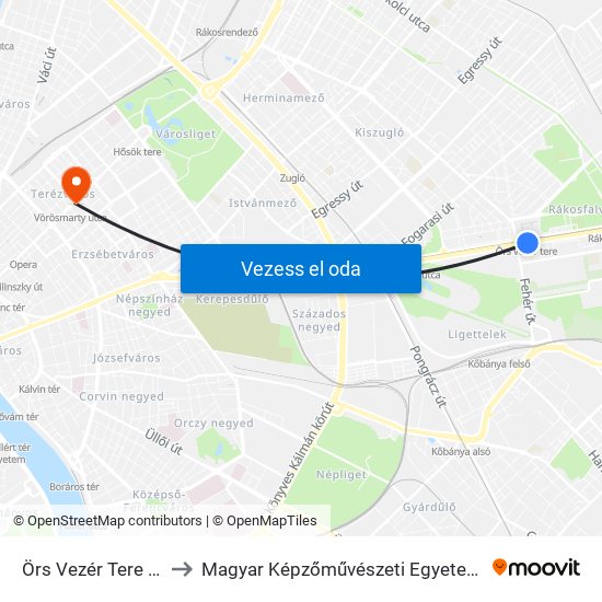 Örs Vezér Tere M+H (Kerepesi Út) to Magyar Képzőművészeti Egyetem | Hungarian University of Fine Arts map