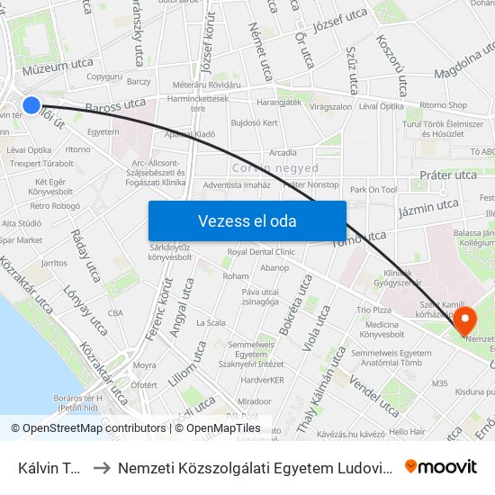 Kálvin Tér M to Nemzeti Közszolgálati Egyetem Ludovika Campus map