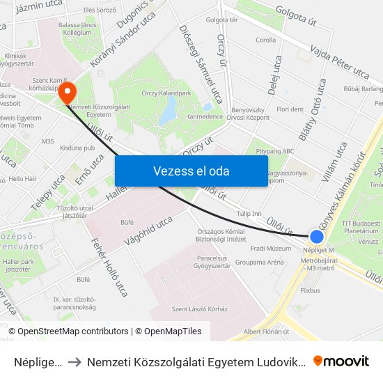 Népliget M to Nemzeti Közszolgálati Egyetem Ludovika Campus map