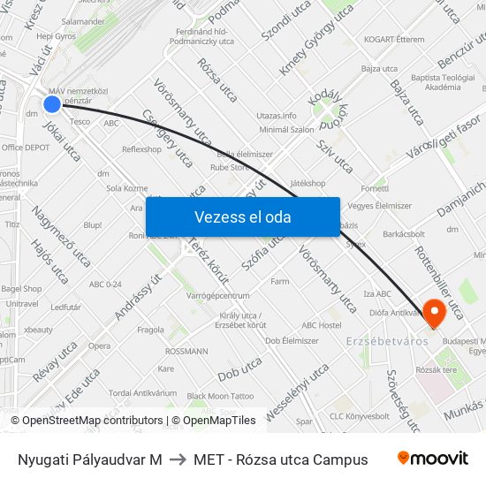 Nyugati Pályaudvar M to MET - Rózsa utca Campus map