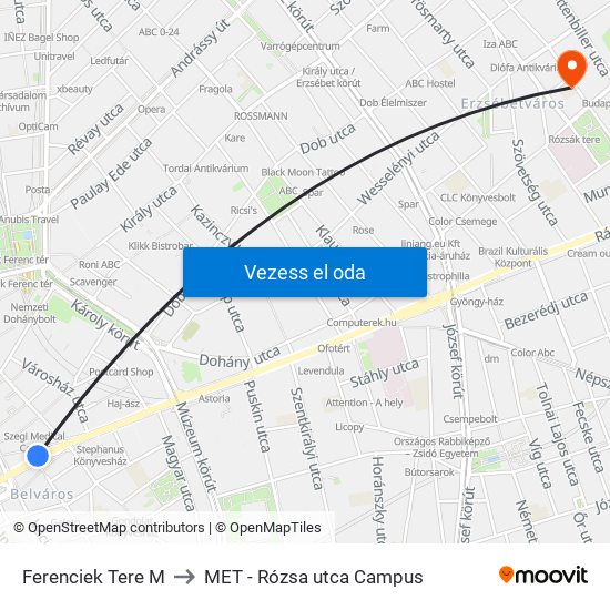 Ferenciek Tere M to MET - Rózsa utca Campus map