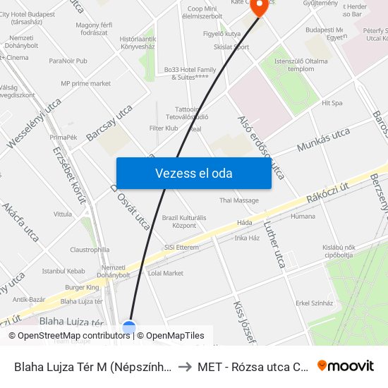 Blaha Lujza Tér M (Népszínház Utca) to MET - Rózsa utca Campus map