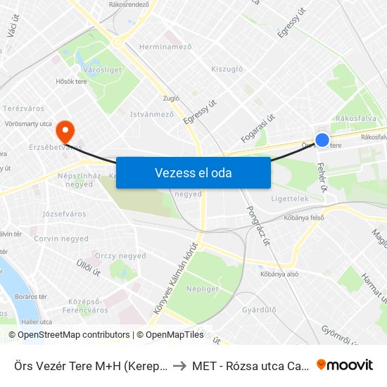 Örs Vezér Tere M+H (Kerepesi Út) to MET - Rózsa utca Campus map