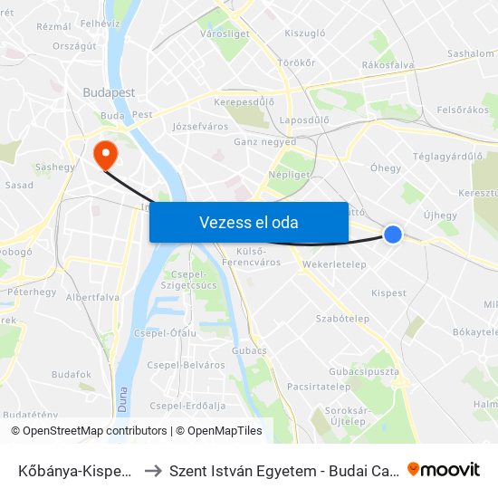 Kőbánya-Kispest M to Szent István Egyetem - Budai Campus map