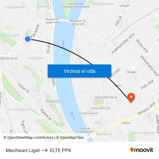 Mechwart Liget to ELTE PPK map