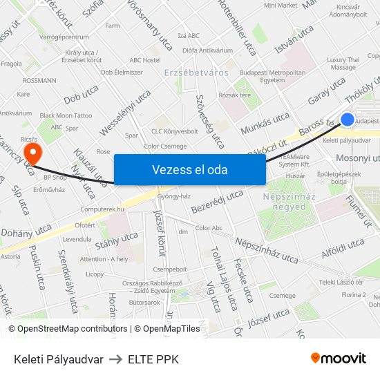 Keleti Pályaudvar to ELTE PPK map