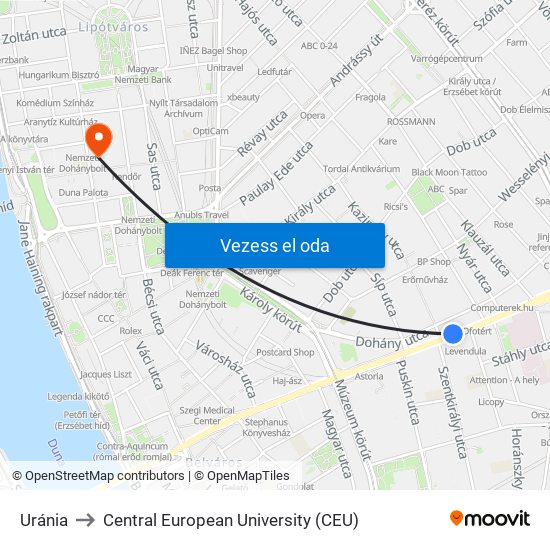 Uránia to Central European University (CEU) map