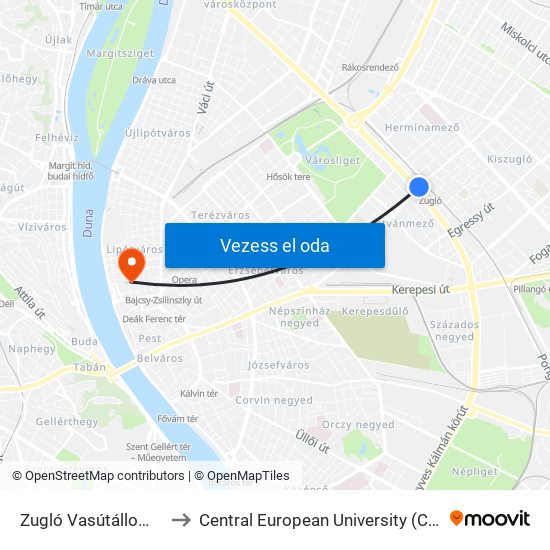 Zugló Vasútállomás to Central European University (CEU) map