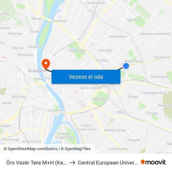 Örs Vezér Tere M+H (Kerepesi Út) to Central European University (CEU) map