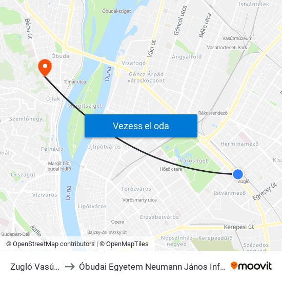 Zugló Vasútállomás to Óbudai Egyetem Neumann János Informatikai Kar -  BA ép. map