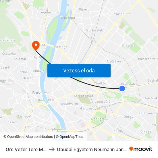 Örs Vezér Tere M+H (Kerepesi Út) to Óbudai Egyetem Neumann János Informatikai Kar -  BA ép. map