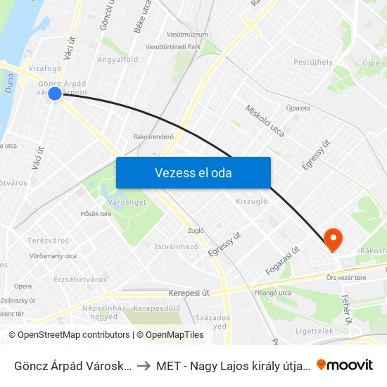 Göncz Árpád Városközpont to MET - Nagy Lajos király útja Campus map