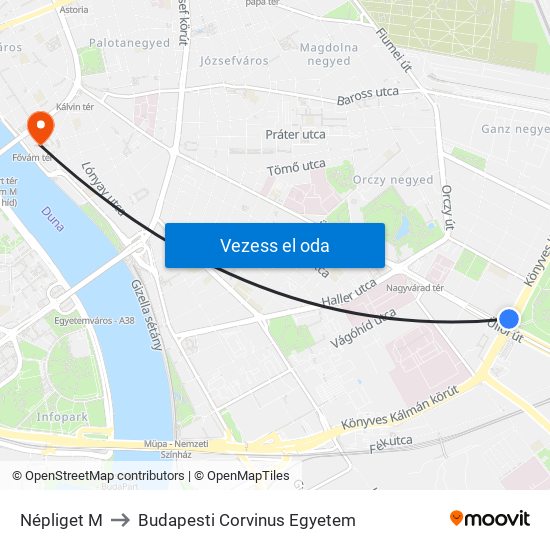 Népliget M to Budapesti Corvinus Egyetem map