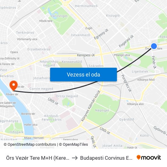 Örs Vezér Tere M+H (Kerepesi Út) to Budapesti Corvinus Egyetem map