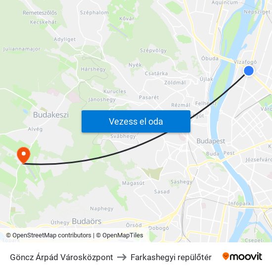 Göncz Árpád Városközpont to Farkashegyi repülőtér map