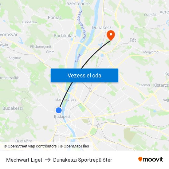 Mechwart Liget to Dunakeszi Sportrepülőtér map