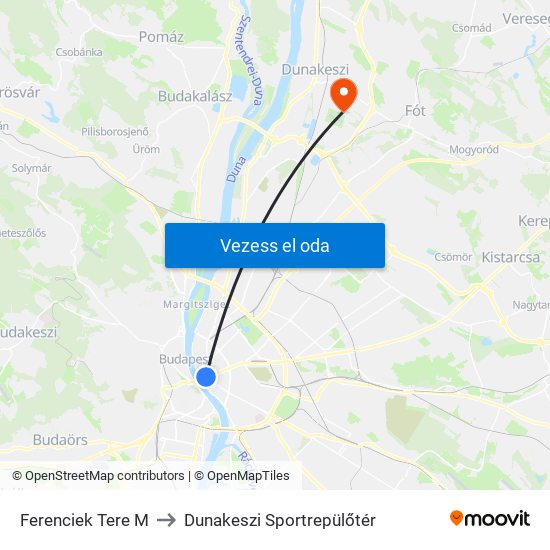 Ferenciek Tere M to Dunakeszi Sportrepülőtér map