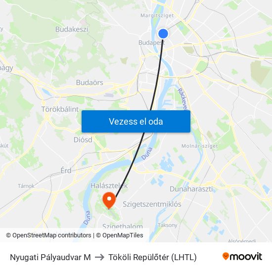 Nyugati Pályaudvar M to Tököli Repülőtér (LHTL) map